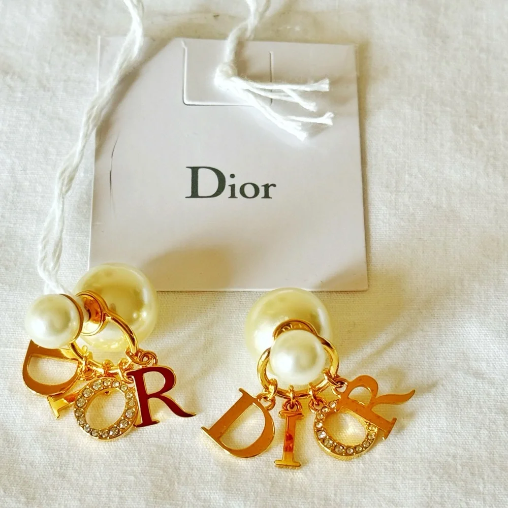 Dior Gold-Tone Faux Pearl & Crystal “DIOR” Charm Clip-On Earrings - Picture 4 of 7